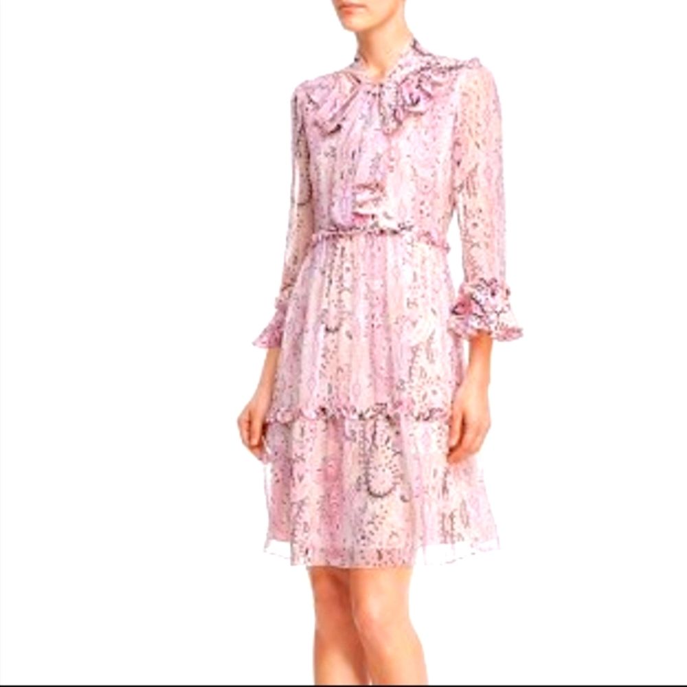 Kobi Halperin Size X-Large Andrea Pink Silk Paisley Feminine Ruffled Mini Dress